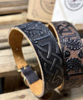 Premium Full Grain Heavy Duty Leather Dog Collar Built Tough For Large Dogs With Hand Carved Celtic Chains Aged Raw Brass Buckle And Comfy Suede Padding, detailed leather design