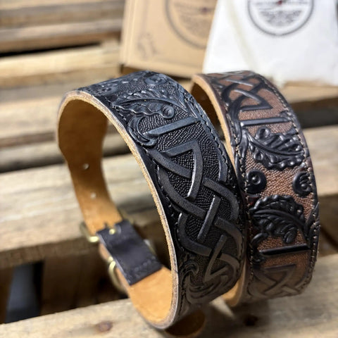 Premium Full Grain Heavy Duty Leather Dog Collar Built Tough For Large Dogs With Hand Carved Celtic Chains Aged Raw Brass Buckle And Comfy Suede Padding, detailed leather design