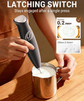 Person using Handheld Milk Frother Wand With 2 Whisks, Electric Coffee Mixer For Creamy Foam to froth milk in a metal jug
