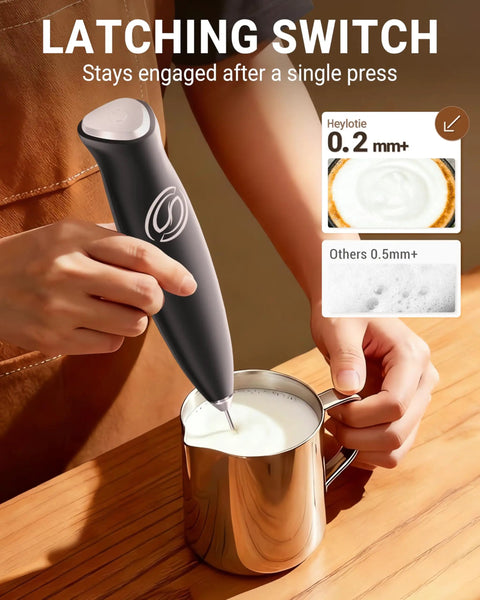 Person using Handheld Milk Frother Wand With 2 Whisks, Electric Coffee Mixer For Creamy Foam to froth milk in a metal jug