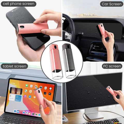 Two In One Screen Cleaner Spray And Wipe Kit For Phones Tablets Laptops TVs Monitors And Car Screens Pink Lipstick Size in use