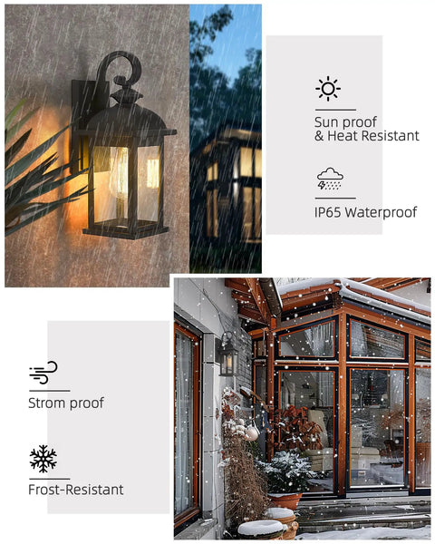 Matte Black Outdoor Wall Sconce With Seeded Glass 15 Inch Front Porch Light Fixture Exterior Wall Mount shown in rainy and snowy weather conditions, highlighting its weather-resistant features.