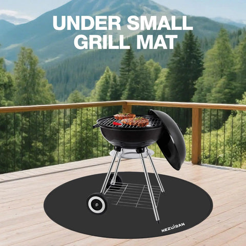 Charcoal grill on 36 Inch Fire Pit Mat 3 Layer Fireproof Heat Resistant Under Grill Mat Double Sided Silicone Deck And Patio Protector Round BBQ Mat Easy To Clean Reusable on wooden deck