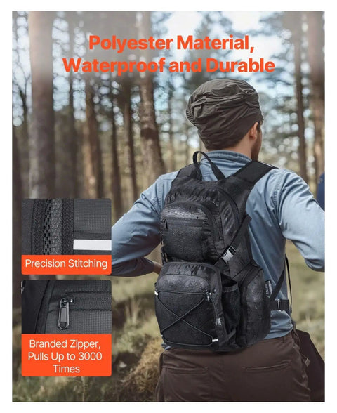 Rear view of Hydration Backpack With 2L Water Bladder, 25L Large Capacity Daypack in action, showing waterproof polyester material and stitching