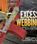 Heavy Duty Red Flat Hook Ratchet Straps Come In A 30 Foot Four Pack with built-in loop for excess webbing storage.