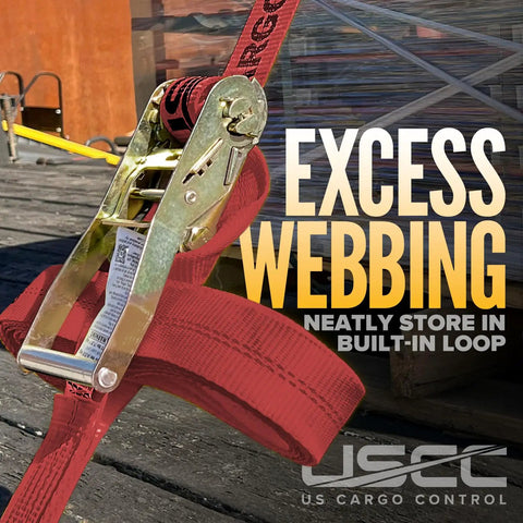 Heavy Duty Red Flat Hook Ratchet Straps Come In A 30 Foot Four Pack with built-in loop for excess webbing storage.