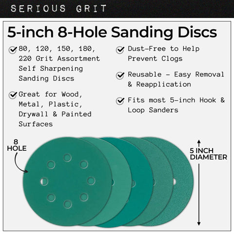 Five Inch 8 Hole Sanding Discs Assortment Including 80 120 150 180 220 Grit Heavy Duty Hook and Loop Wet Dry Sandpaper for Random Orbital Sanders 50 Pack Box, product details labeled.
