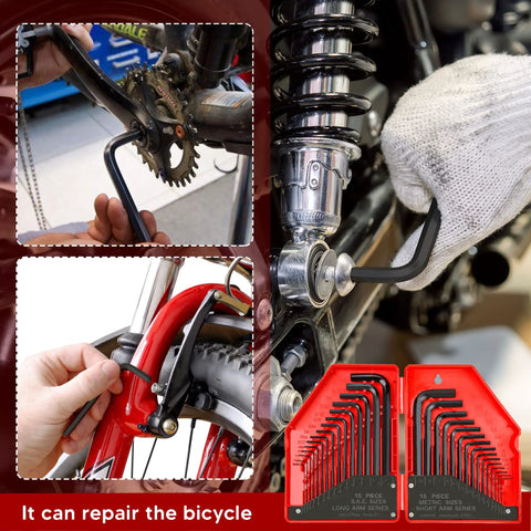 Industrial Grade 30 Piece Hex Key Allen Wrench Set for Auto Bike Furniture and Machinery Repairs in use on bicycles.