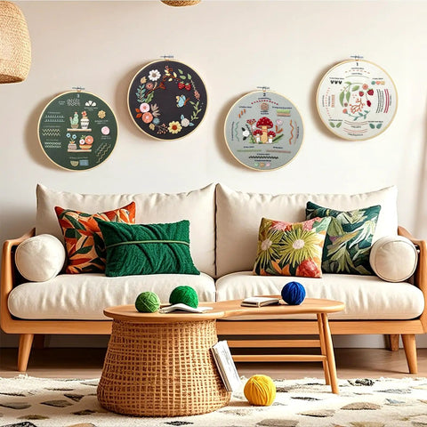 Living room decor with Beginner Friendly Embroidery Kit patterns on wall above couch, showcasing 4 pre printed 12x12 cloths, 7.8 inch hoop.