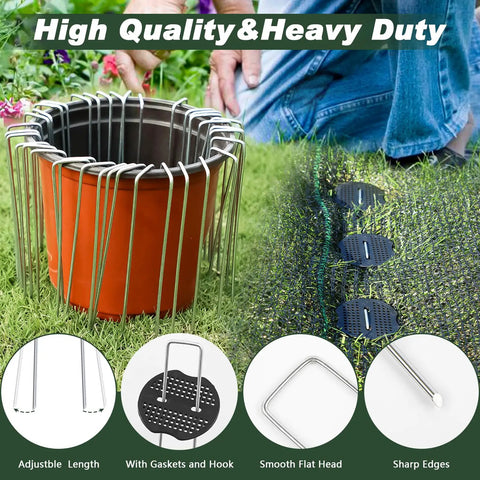 Heavy Duty 6 Inch Galvanized Landscape Staples 50 Pack, 11 Gauge Anti Rust Garden Stakes For Weed Barrier Fabric, Turf And Sod, U Shaped Yard Pins, Includes Gaskets And Pick Hook Support