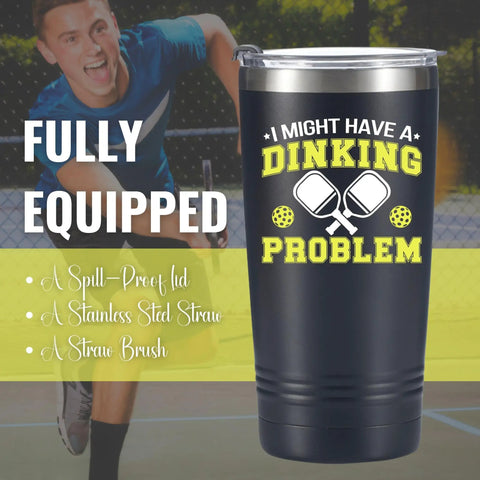 Premium 20 Oz Pickleball Travel Tumbler With Secure Spill Proof Lid And Present Ready Gift Box featuring a black design and stainless steel straw.