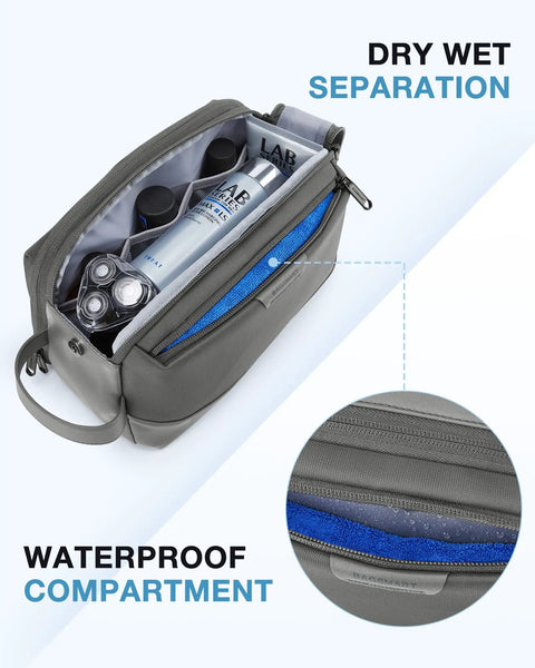 Large Travel Toiletry Organizer For Men With Water Resistant PU Leather Trim, open to show wet/dry compartments and toiletries inside.