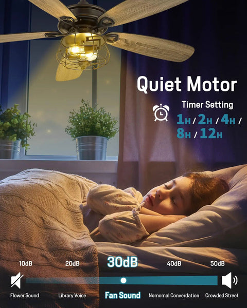 Child sleeping under Farmhouse 52 Inch Ceiling Fan With Lights And Remote Control, Rustic Barnwood Blades, Industrial Cage Light.