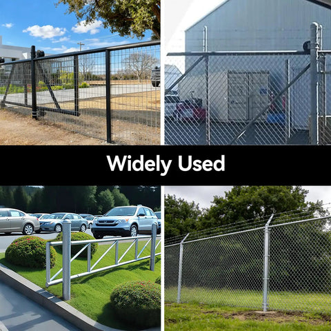 Heavy Duty Nylon Cantilever Sliding Gate Roller For Four Inch Posts And Two And Three Eighths Or Two And A Half Inch Chain Link Frames High Load Capacity Over Four Thousand Pounds Durable Cantilever Gate Hardware Single Roller installed in various settings with metal chain link fences.