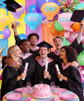 Pastel Grad Party Decorations Kit With 6 Printed Hot Air Balloon Paper Lanterns And 2 Tinsel Foil Fringe Curtains For School And College Grads Decor Supplies Perfect For Classrooms Dorms And Graduation Parties vibrant backdrop with graduates