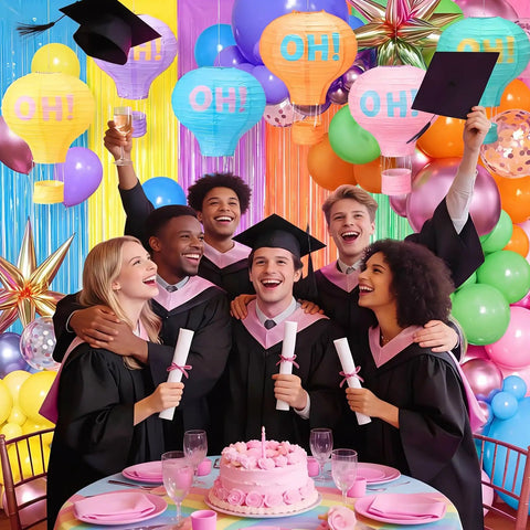 Pastel Grad Party Decorations Kit With 6 Printed Hot Air Balloon Paper Lanterns And 2 Tinsel Foil Fringe Curtains For School And College Grads Decor Supplies Perfect For Classrooms Dorms And Graduation Parties vibrant backdrop with graduates