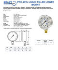 PIC Gauges PRO-201L pressure gauge, 2.5 in dial, glycerin filled, stainless steel case, bottom 1/4 in NPT, dual scale.
