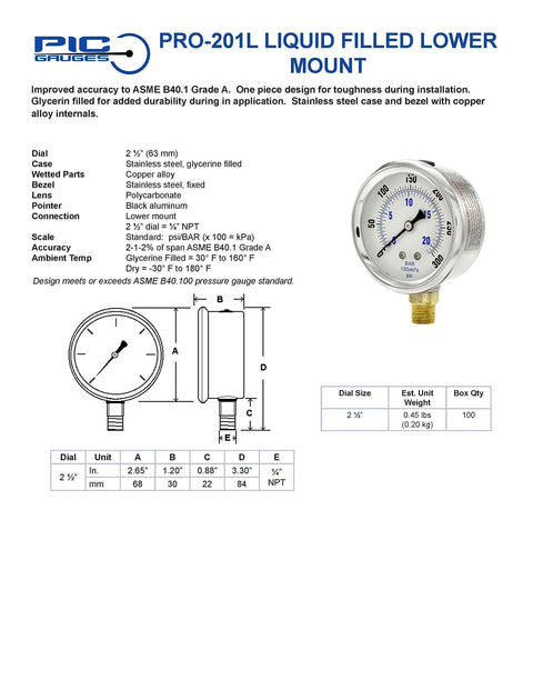 PIC Gauges PRO-201L pressure gauge, 2.5 in dial, glycerin filled, stainless steel case, bottom 1/4 in NPT, dual scale.