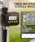 Smart Hose Timer For Garden And Outdoor Irrigation With Rain Sensor showing digital display and cycle settings.