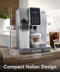 One Touch Espresso Machine With Automatic Milk Frother And Built In Grinder For Barista Level Lattes And Cappuccinos with measurements on kitchen counter.