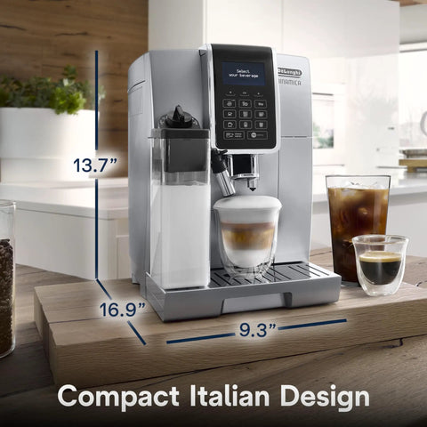 One Touch Espresso Machine With Automatic Milk Frother And Built In Grinder For Barista Level Lattes And Cappuccinos with measurements on kitchen counter.