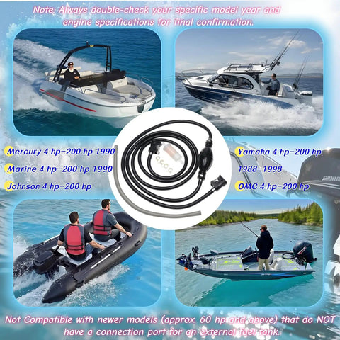 Outboard Fuel Line Hose Kit 5/16 Inch 10 Ft Replacement For Yamaha Mercury Johnson Marine Outboards 4 HP To 200 HP With Primer Bulb Tank Quick Female Connector And Fuel Filter shown with various boats