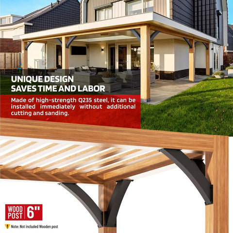 Heavy Duty 4 Pack Pergola Brackets For Wood Support, 4 By 4 Inch, 45 Degree Arc Angle, Q235 Steel One Piece Forged, installed on a pergola