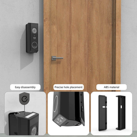 Adjustable Angle Mount For E340 Video Doorbell, 0 To 35 Degree Tilt, No Fuss Easy Install, Solid Mount For Battery Powered Security Doorbell, Black, Custom Fit To Maximize Outdoor Video Coverage installed on a wooden door with close-up views of its features.
