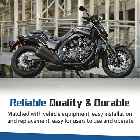 Black motorcycle parked, showcasing durable build with text: Reliable Quality & Durable, easy installation and use.