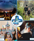 Collage featuring Dino Themed LED Headlamp For Kids And Adults With Four Modes in camping, exploring, party, and reading scenarios