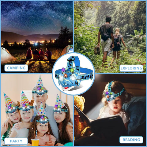 Collage featuring Dino Themed LED Headlamp For Kids And Adults With Four Modes in camping, exploring, party, and reading scenarios
