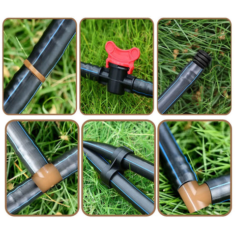 One Half Inch Drip Irrigation Fittings Kit With 4 Switch Valve No Tools Needed Elbows 12 Couplings 12 End Cap Plugs 12 Tees 12 End Closures For Sprinkler Systems Garden Lawn Flowers Pots And More 64 Pieces showing connections in grass