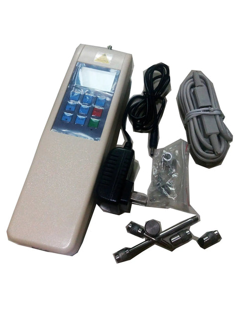 Handy Digital Force Gauge Push And Pull Meter With Inner Sensor 100N 10Kg 22Lb Three Units High Resolution Dynamometer RS232 Output Accurate About Half Percent Workhorse For Lab Workshop And DIY Testing, with cables and adapters