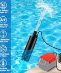 Badass Portable Drainage King Cordless Submersible Sump Pump Pushes Blazing 500 Gallons Per Hour On A 16 Foot Lift Rating To Easily Evacuate Nasty Basements Muddy Ponds Stuck Window Wells And Standing Pool Water Fast, in water with spray effect.