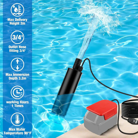 Badass Portable Drainage King Cordless Submersible Sump Pump Pushes Blazing 500 Gallons Per Hour On A 16 Foot Lift Rating To Easily Evacuate Nasty Basements Muddy Ponds Stuck Window Wells And Standing Pool Water Fast, in water with spray effect.