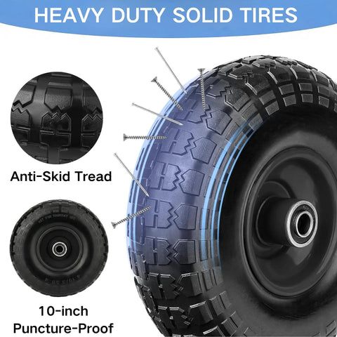 All Terrain Heavy Duty Panel Dolly With 1000 Lb Capacity showing 10 inch solid tire wheels with puncture-proof anti-skid tread
