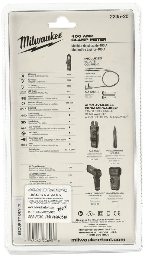 Back packaging of 400 Amp Clamp Meter with True RMS for AC DC up to 600V, CAT III 600V safety, showing features and accessories.