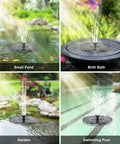 Solar Powered Bird Bath Fountain With Six Nozzles For Free Standing Floating Water Feature In Garden Pond Or Pool, 1.4W Solar Panel, Quick Startup In Direct Sun, Attract Hummingbirds, Black shown in various outdoor settings.