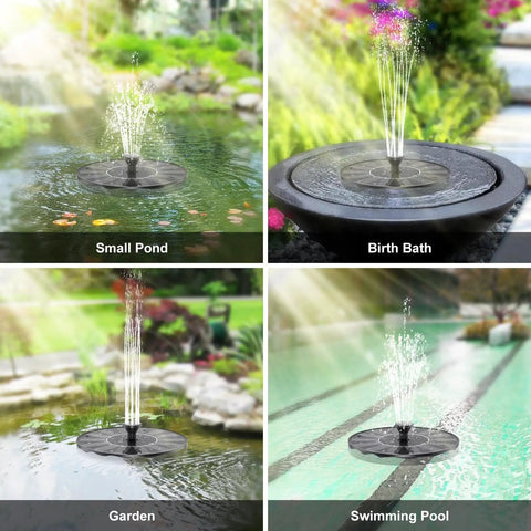 Solar Powered Bird Bath Fountain With Six Nozzles For Free Standing Floating Water Feature In Garden Pond Or Pool, 1.4W Solar Panel, Quick Startup In Direct Sun, Attract Hummingbirds, Black shown in various outdoor settings.