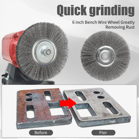 Tough As Nails 8 Inch Wire Wheel For Bench Grinder with heavy duty carbon steel bristles, before and after rust removal.