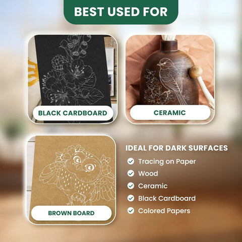 Image showing Graphite Transfer Paper Set for Artists and DIYers on black cardboard, ceramic, and brown board surfaces.