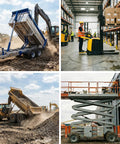 Construction site with dump trucks and scissor lift in use, showcasing Dual Acting 12V Hydraulic Power Unit With Plastic Reservoir For Dump Truck And Trailer Hydraulic Systems Electric Pump Delivers 2900 PSI Lift With 3200 PSI Relief 6 Quart Capacity