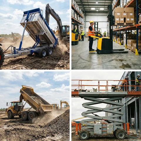 Construction site with dump trucks and scissor lift in use, showcasing Dual Acting 12V Hydraulic Power Unit With Plastic Reservoir For Dump Truck And Trailer Hydraulic Systems Electric Pump Delivers 2900 PSI Lift With 3200 PSI Relief 6 Quart Capacity