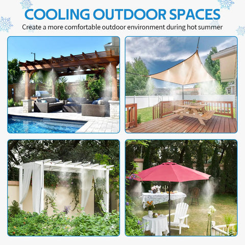 Outdoor Misting System For Patio And Garden, Multiple Setups Showing 26Ft Tubing & 7 Brass Nozzles Cooling Outdoor Spaces