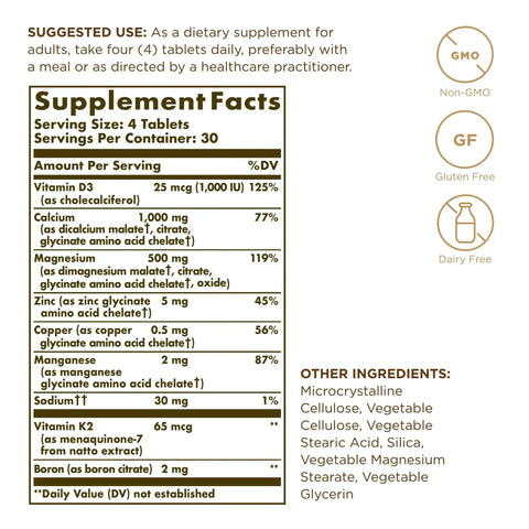 Supplement Facts of Advanced Calcium Complex With Zinc Boron D3 And K2 For Bone Health And Mineral Support Non-GMO Gluten Free Dairy Free 60 Total Servings Pack Of 2 Great For Bones And Joints