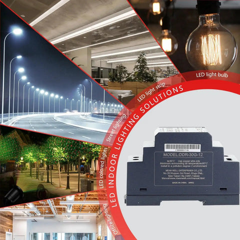 Ultra Slim Din Rail Power Supply 12 Volt 2.5 Amp 30 Watt shown installed in various lighting environments with LED light solutions.