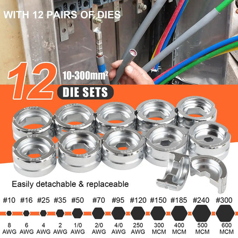 Rechargeable Electric Hydraulic Crimping Tool Delivers Rock Solid 12 Ton Force For Crushing 8 Awg To 600 Mcm Copper And Aluminum Cables With A Pro Grade Set Of Twelve Dies, showing 12 pairs of detachable dies.