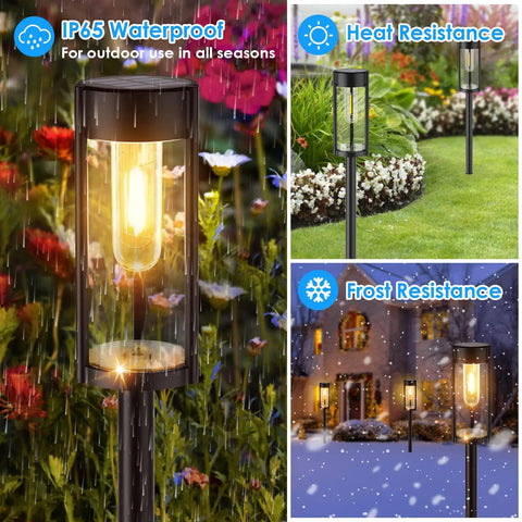 Solar Pathway Lights 6 Pack IP65 Waterproof Outdoor Decorative Garden Lights with Auto On Off in rain, sun, and snow scenes