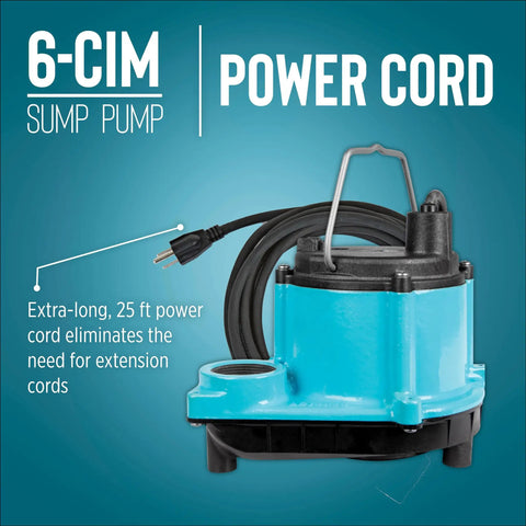 6-CIM-R 115V Submersible Sump Pump 1/3 HP 2750 GPH with 25 ft power cord shown against a blue gradient background
