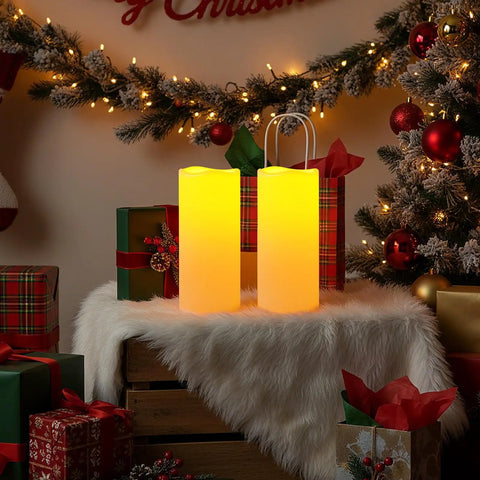 2 Pack 10 Inch Outdoor Flameless LED Candles With Remote Control And 2H 4H 6H 8H Timer, set among Christmas decor indoors